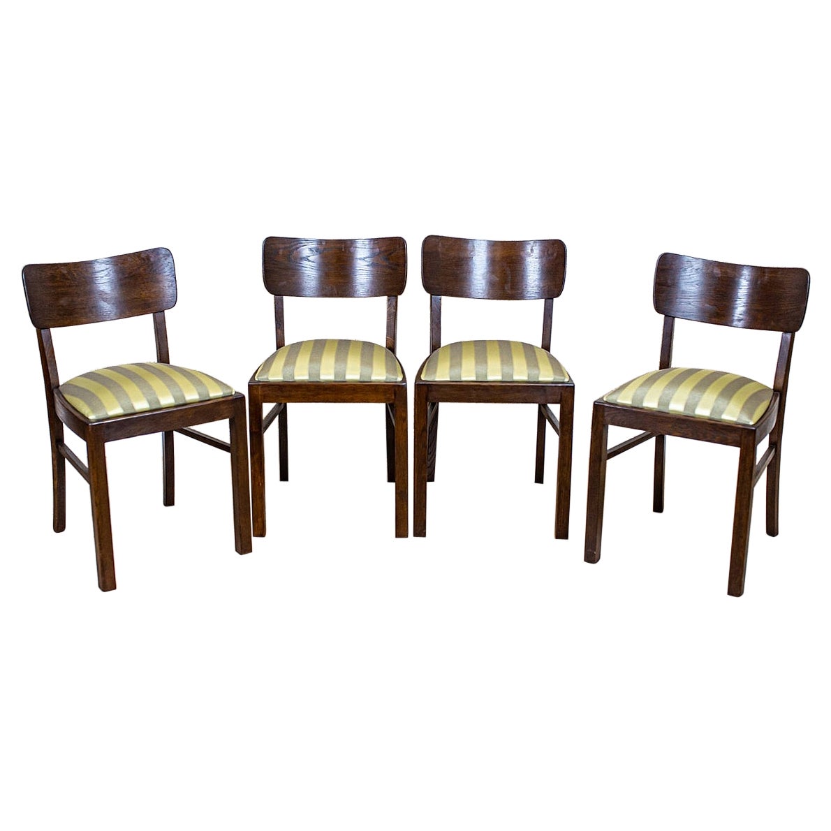 Four Art Deco Thonet Oak Chairs in Striped Upholstery