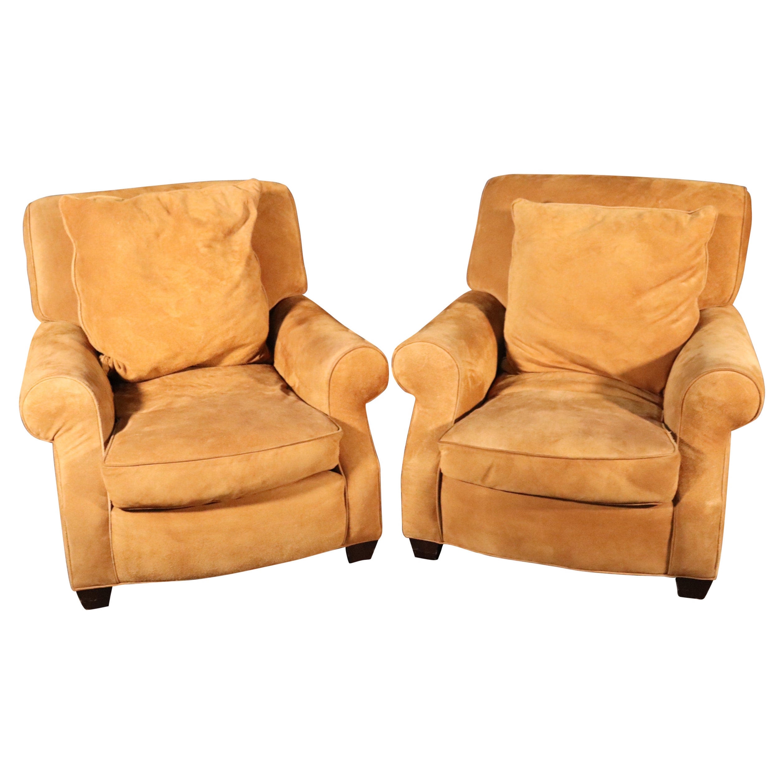 Pair of Sand Hued Genuine Suede Large Scale Williams Sonoma Club Chairs