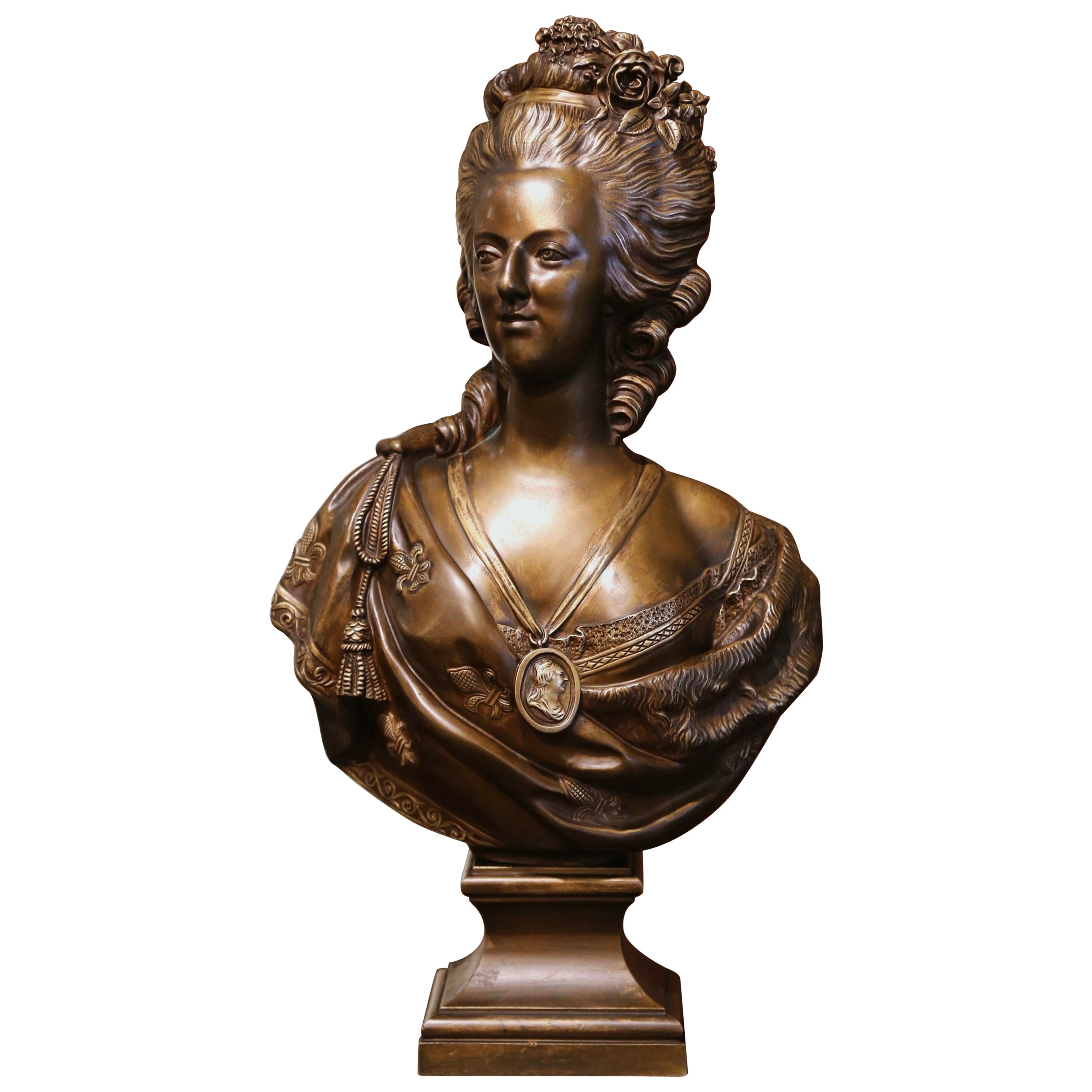 18th Century French Patinated Bronze Marie Antoinette Bust Signed F. Lecomte For Sale