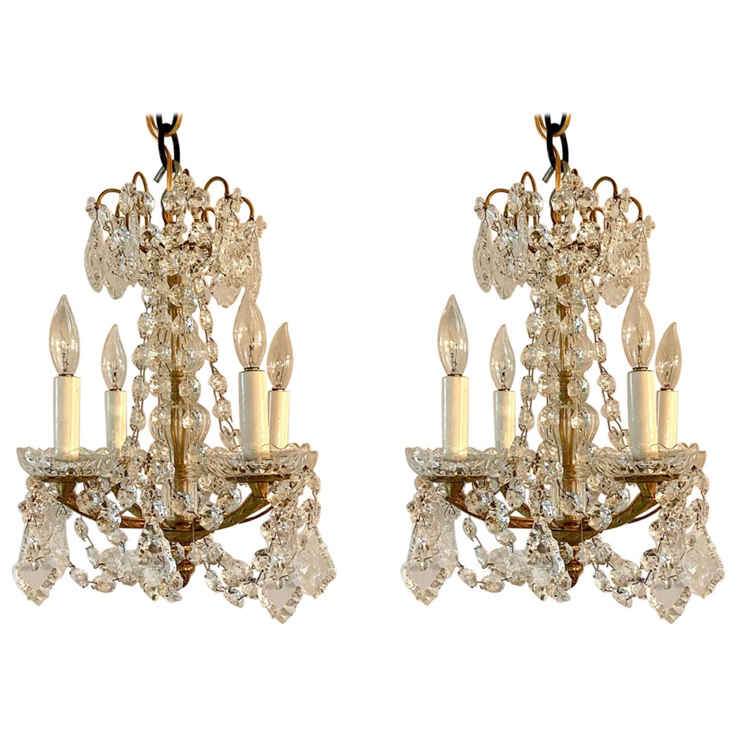 Pair of Petite Estate Crystal and Gold Bronze Chandeliers, Circa 1930-1940