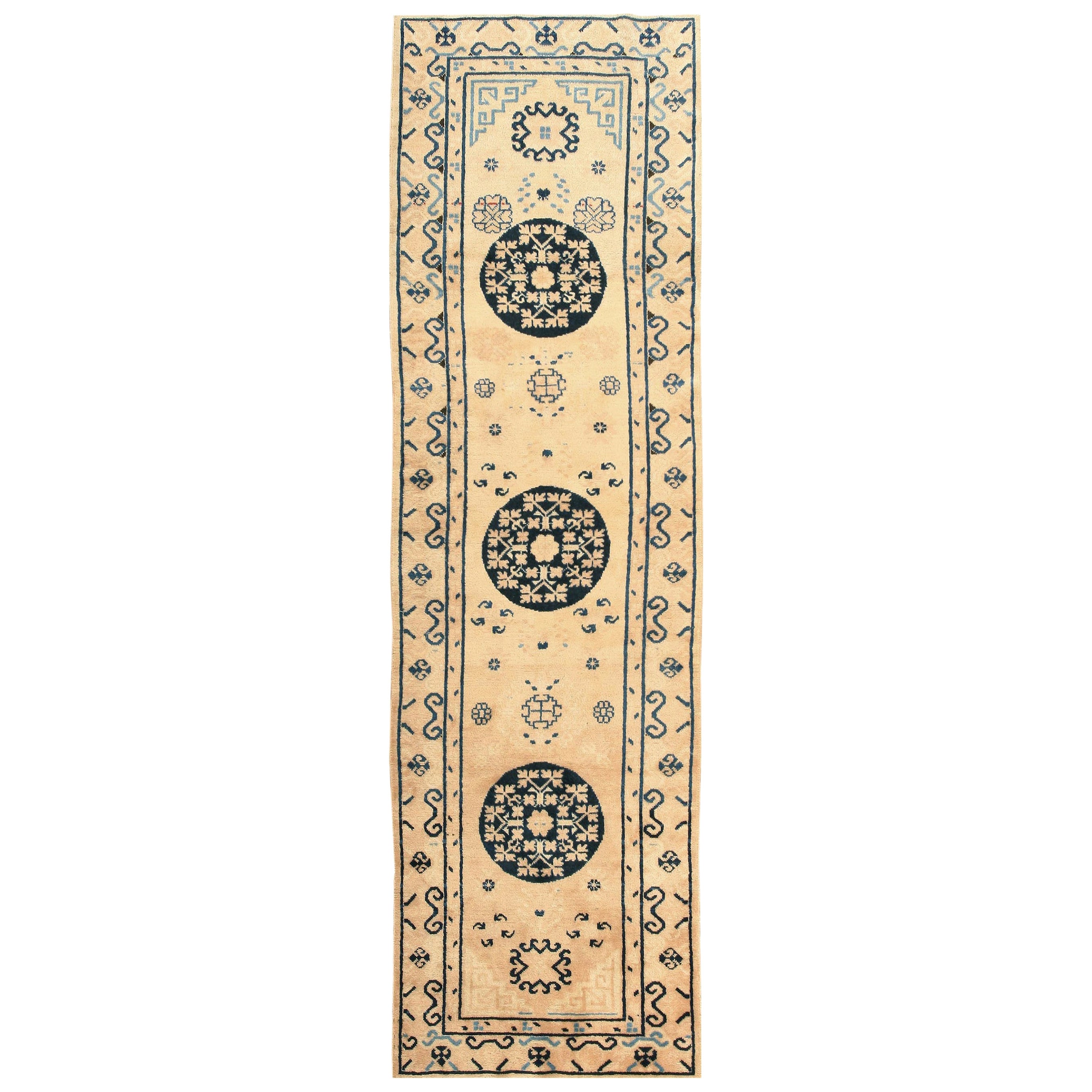 Decorative Ivory and Blue Antique Khotan Runner Rug