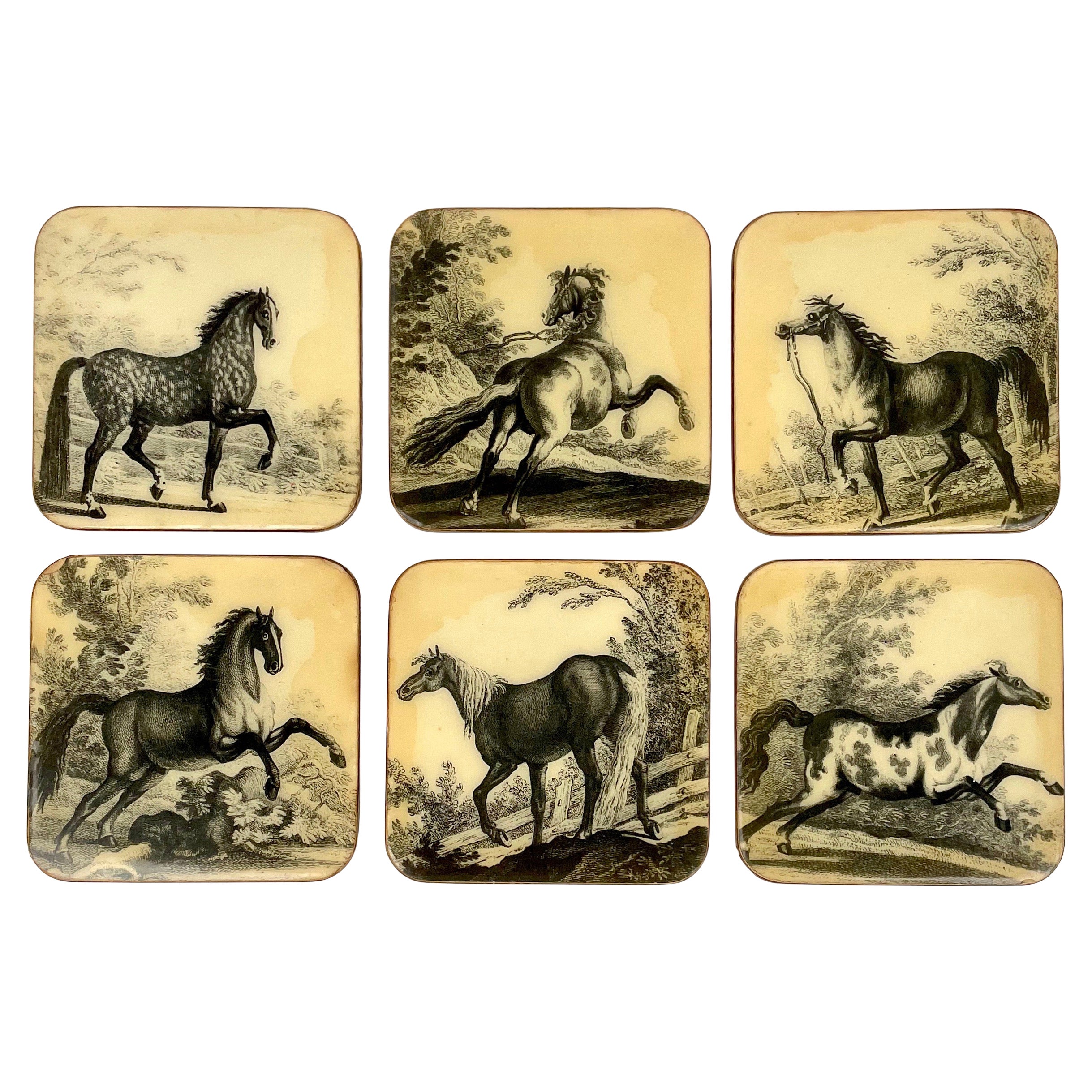 Set von sechs Pferdeuntersetzern aus lackiertem Holz, Italien, 1950er Jahre im Angebot