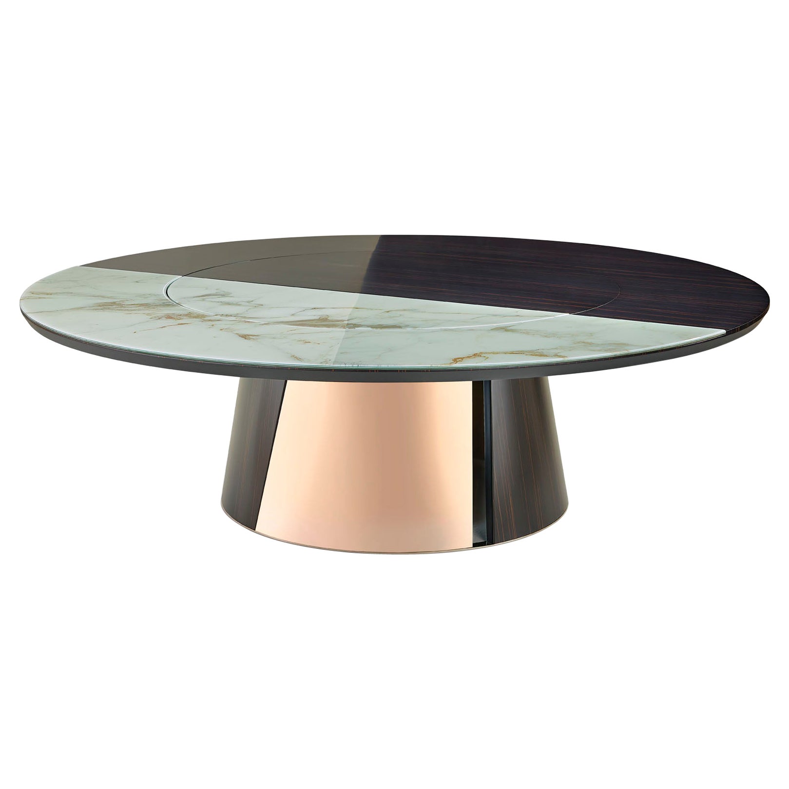 Runder Tisch mit Metallrahmen und Beinen aus glänzendem oder satiniertem Ebenholz oder Eiche, anpassbar