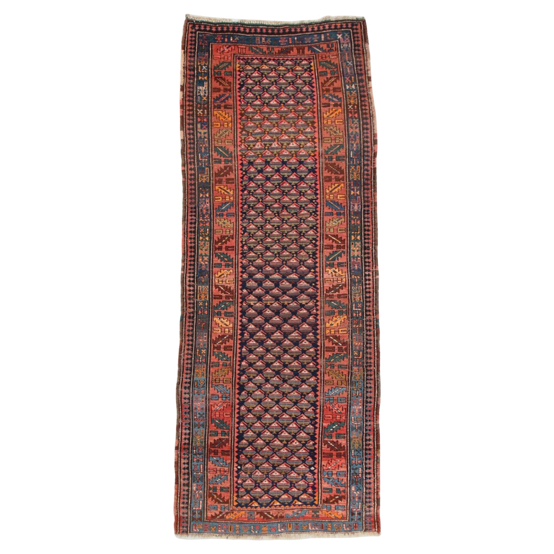 Antique Navy Blue Tribal Geometric Persian Kurd Runner Rug, c. 1900