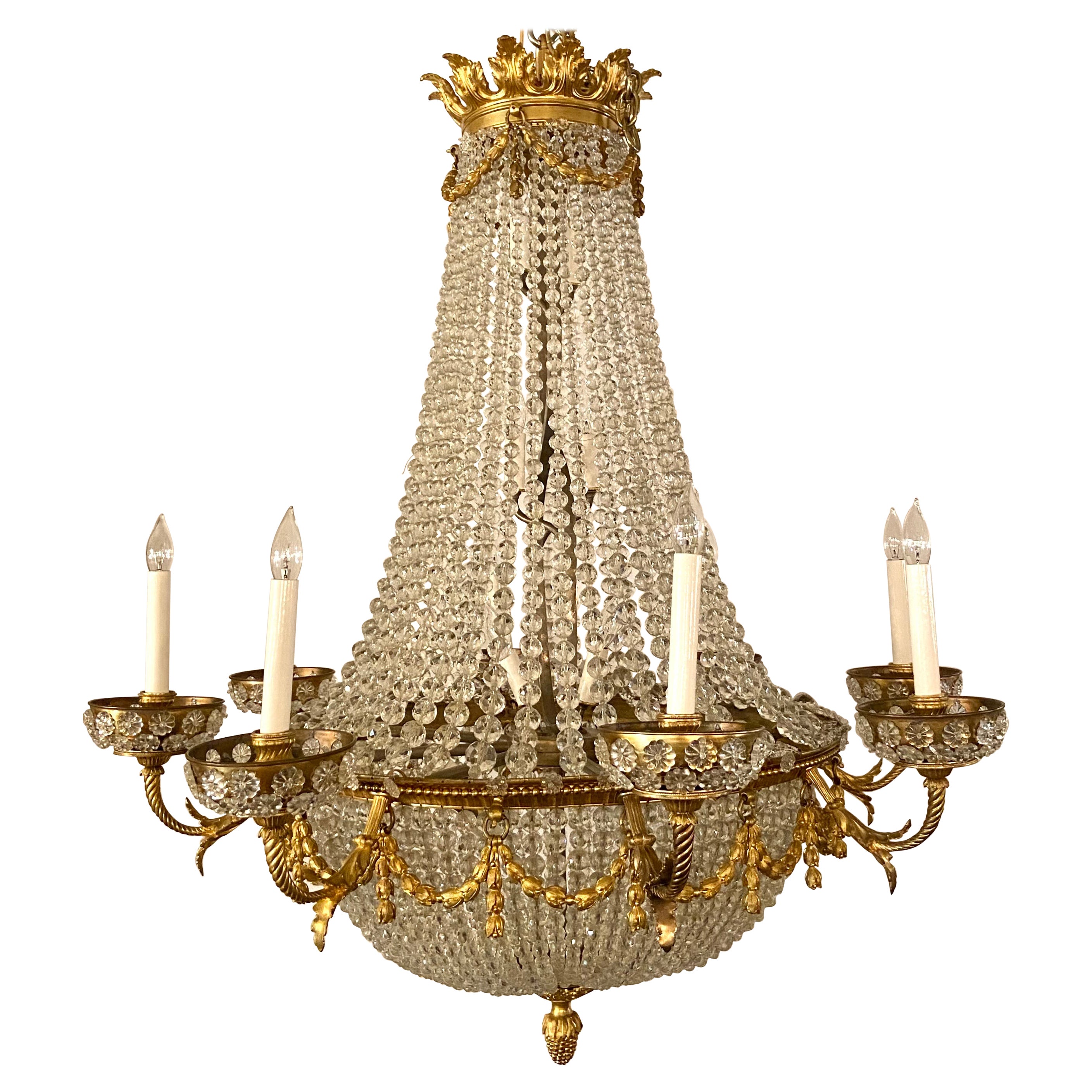 Antique French Empire Style Bronze D' Ore and Crystal Chandelier, Circa 1900