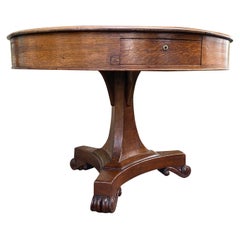 19th Century Regency Style Round Oak Library Table with Green Leather Top