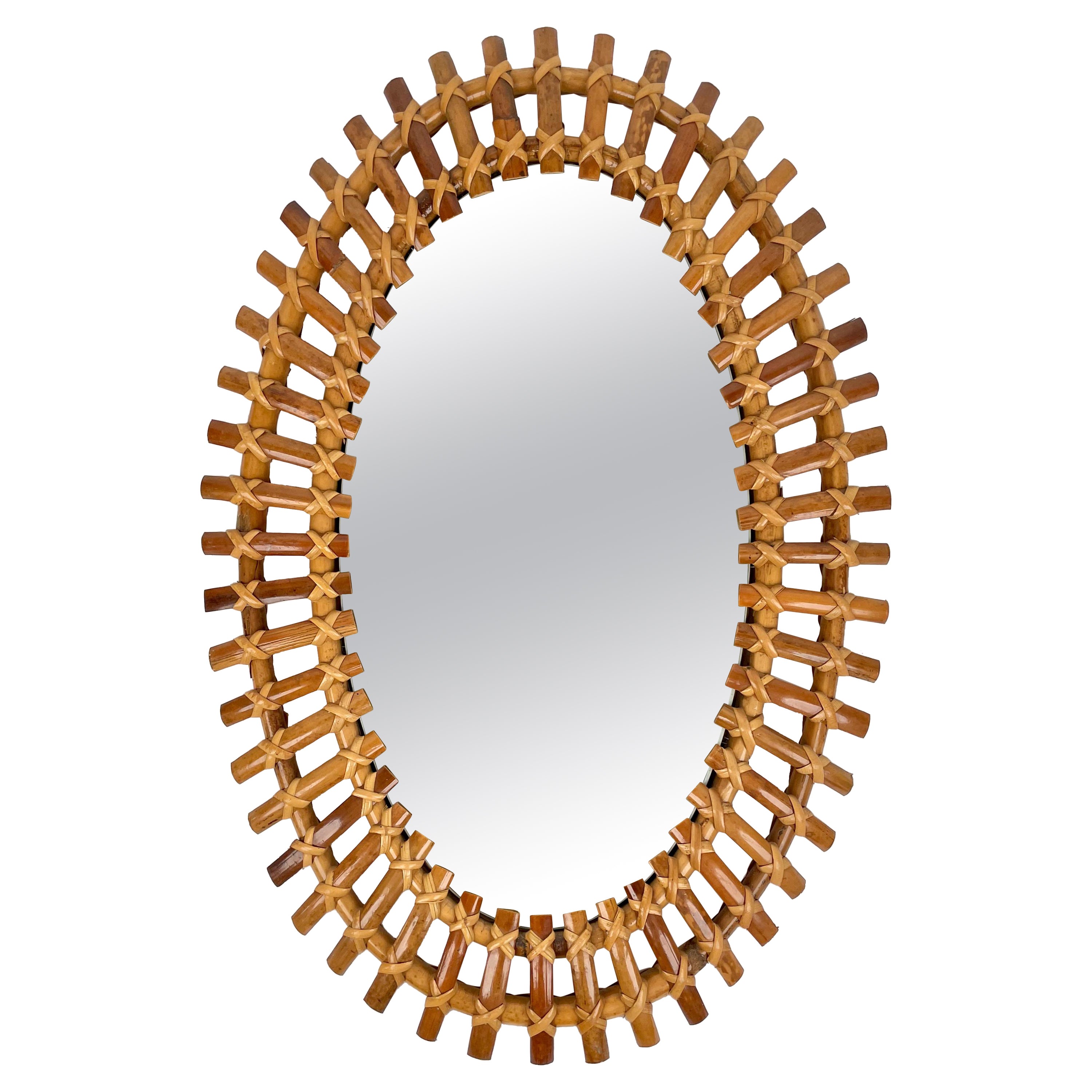 Bamboo & Rattan Oval Wall Mirror, Italy, 1960s