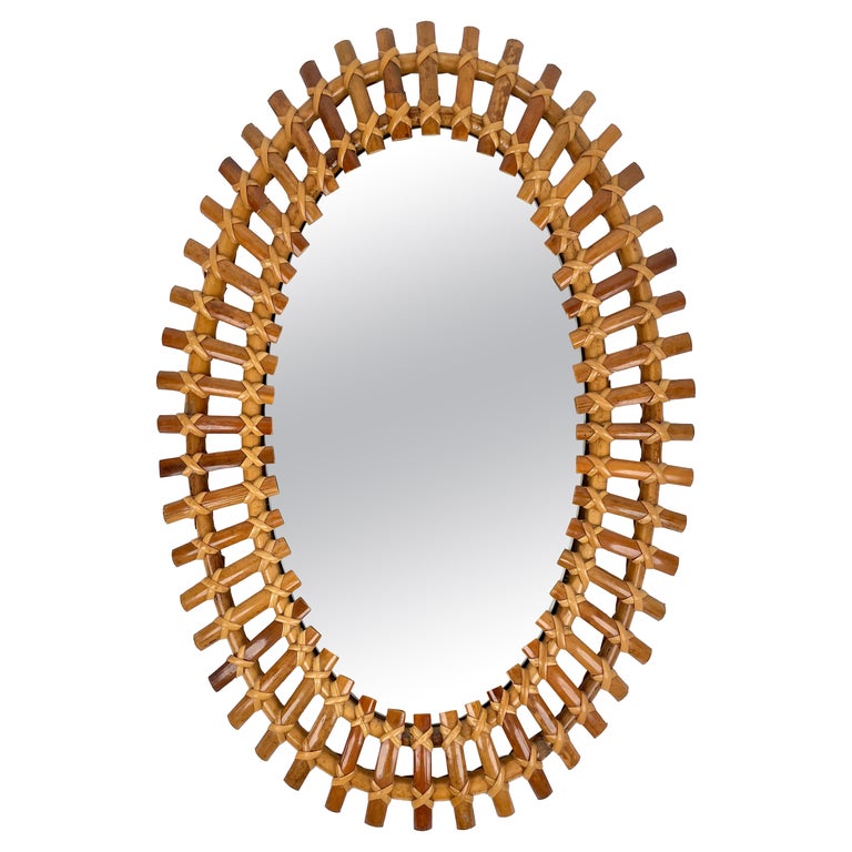 Bamboo & Rattan Oval Wall Mirror, Italy, 1960s For Sale