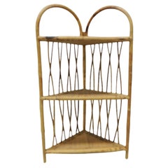 Vintage 3 Tiers Wall Shelf in Tortoiseshell Bamboo and Rattan with Hanging Hooks