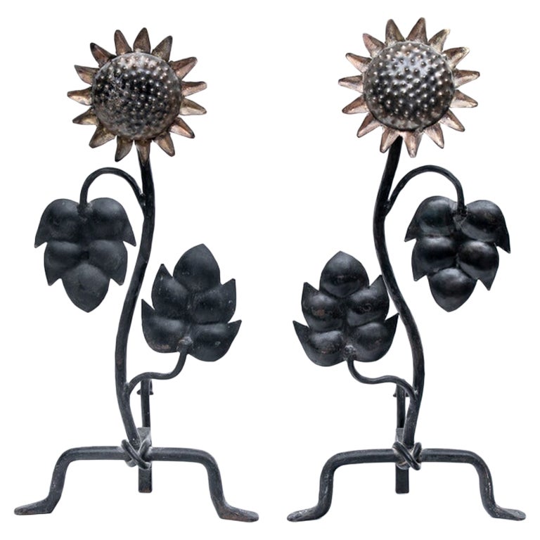 Fine Sun Flower Andiron Pair After Diego Giacometti 