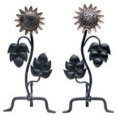 Fine Sun Flower Andiron Pair After Diego Giacometti 