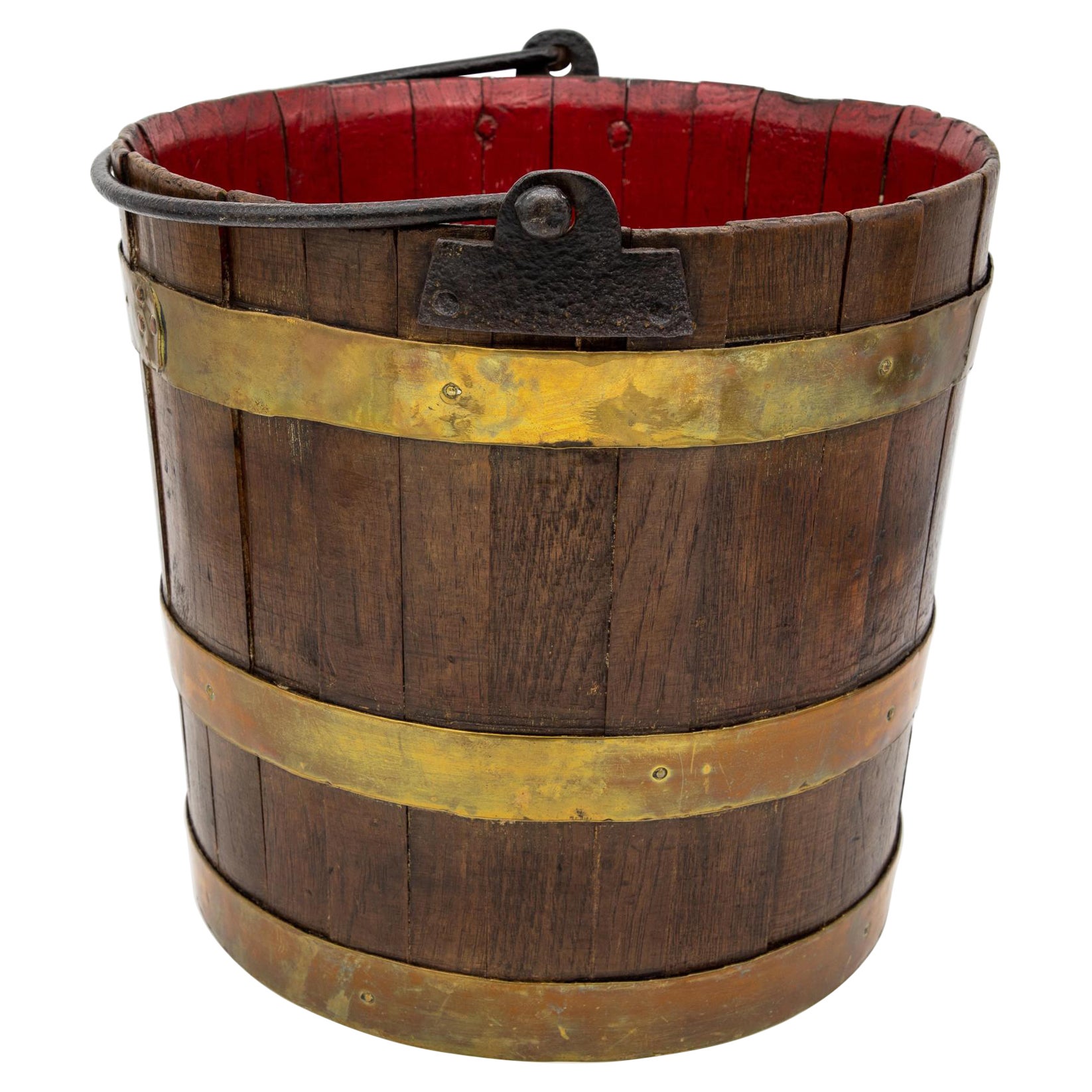 Wooden Bucket with Red Interior and Brass Accents