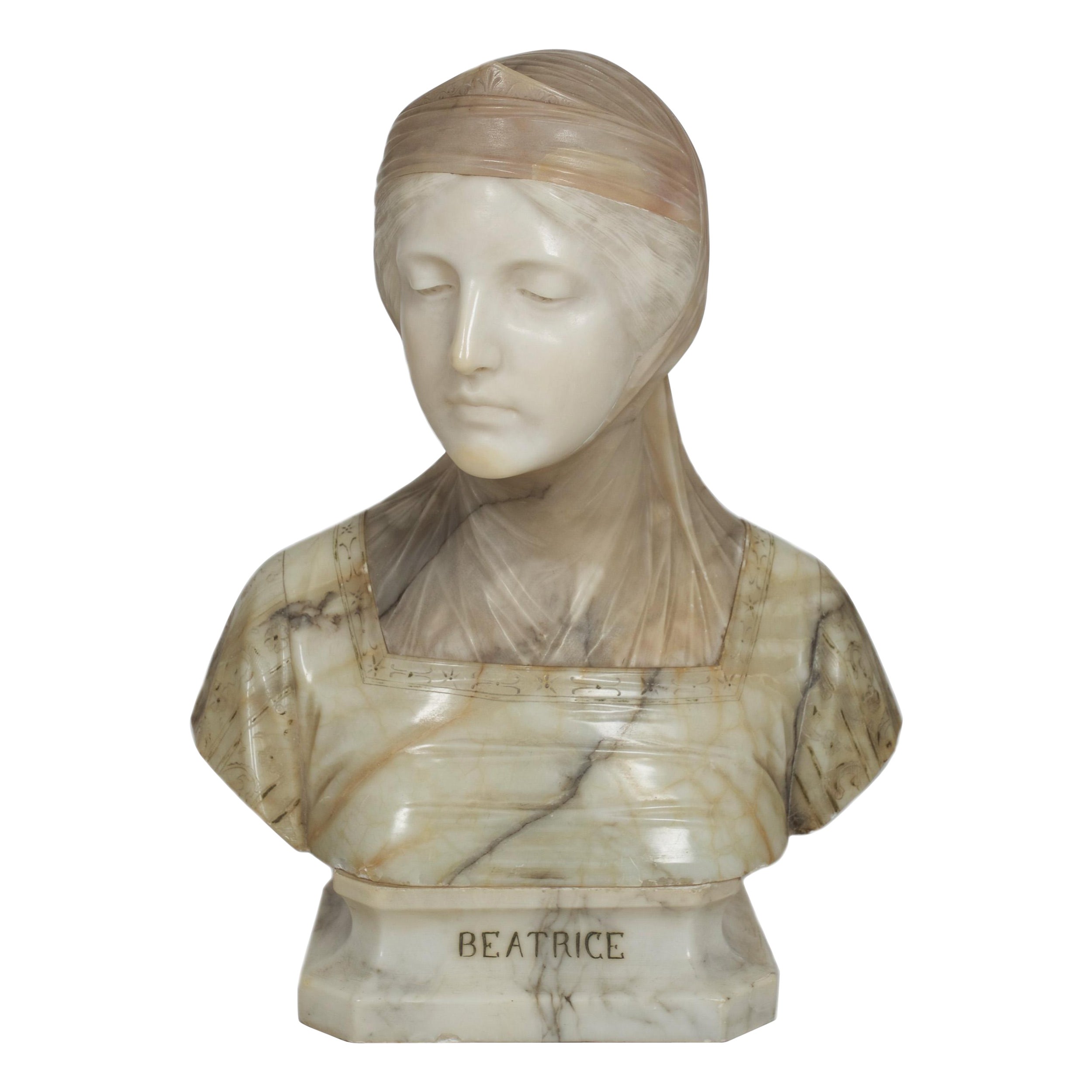 Italian Alabaster Sculpture "Bust of Beatrice" by Professor Giuseppe Bessi Ital