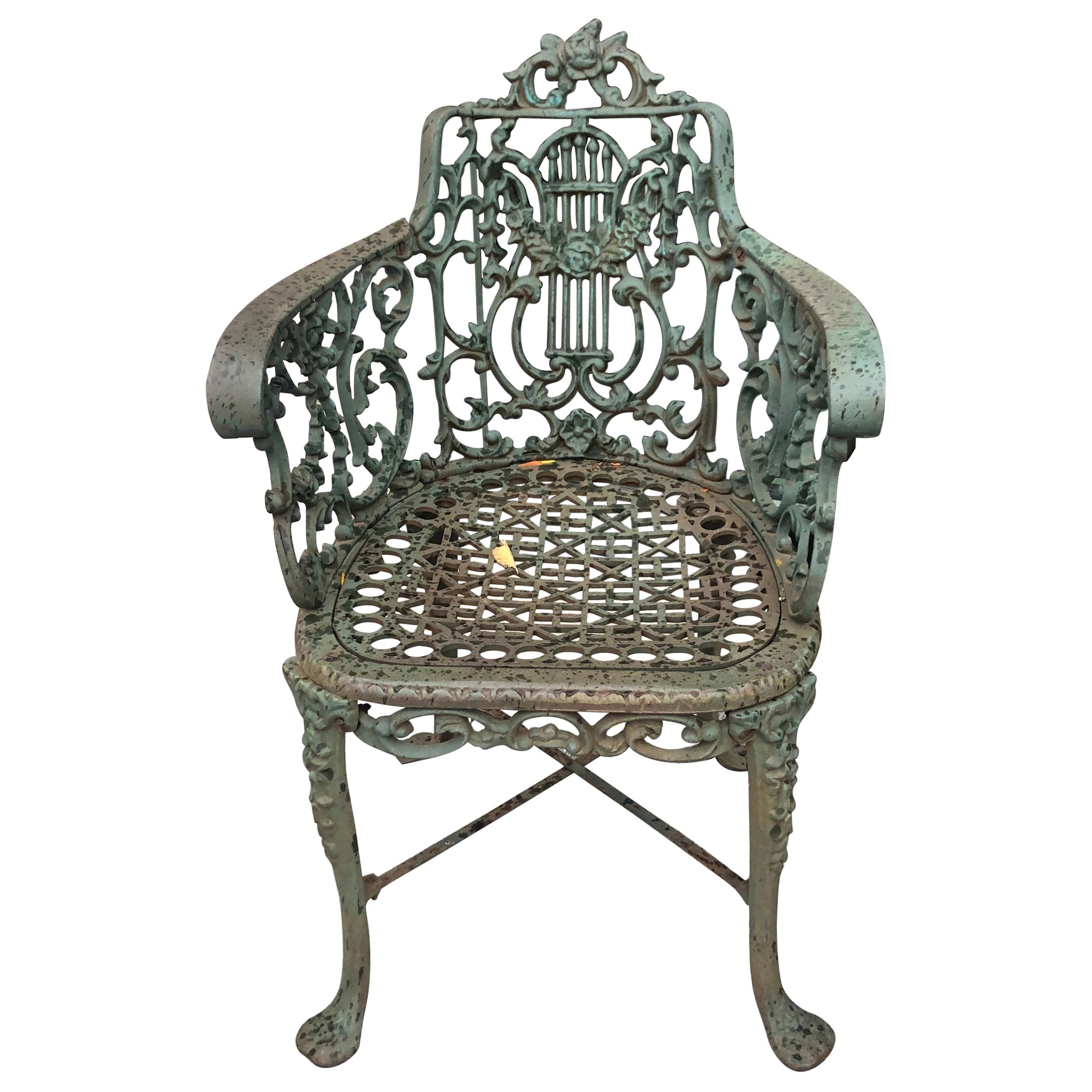 Heavy Painted Cast Iron Garden Chair in the Manner of Robert Wood For Sale