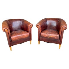 Pair Used European Leather Tub Chairs