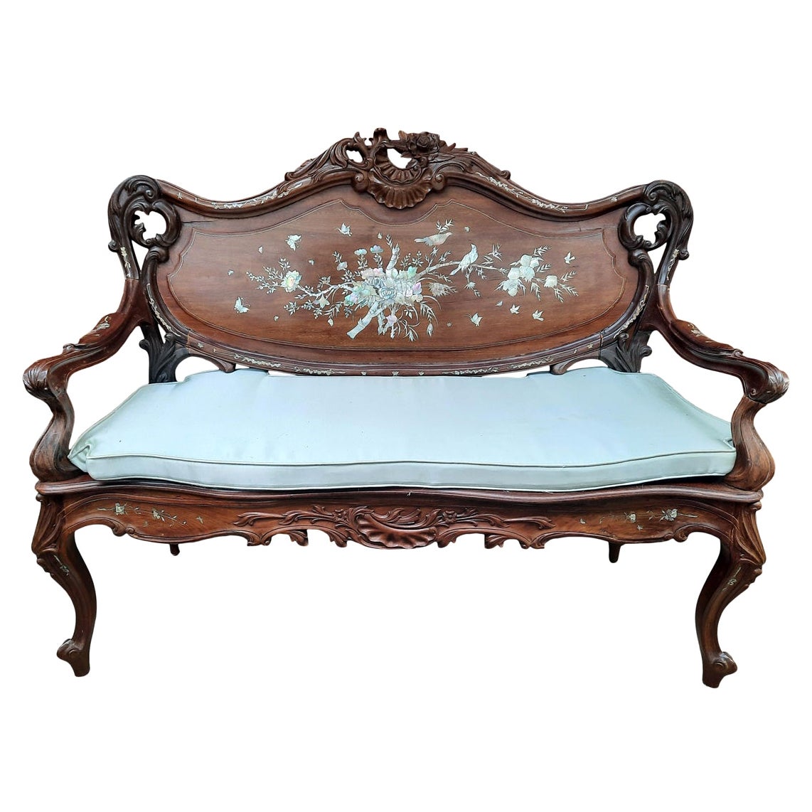 Vintage Asian Rosewood Loveseat with Mother of Pearl Inlay For Sale