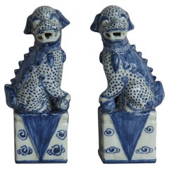 Pair Blue and White Chinese Foo Lion Dogs Porcelain Hand Enamelled, circa 1920