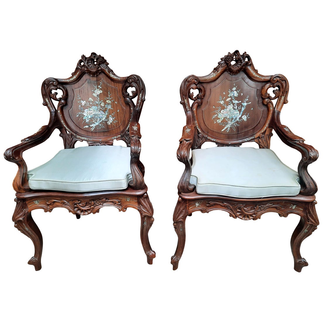 Lovely Pair of Asian Rosewood Armchairs with Mother of Pearl Inlay For Sale