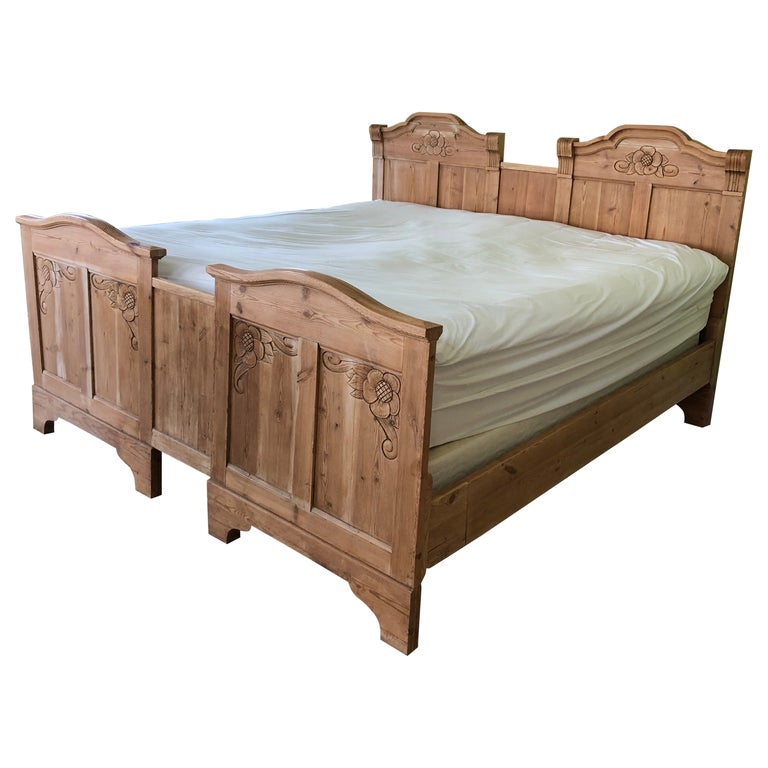 Lovely Carved Natural Pine Antique King, Rustic Wooden Queen Size Bed Frame Dimensions In Cm