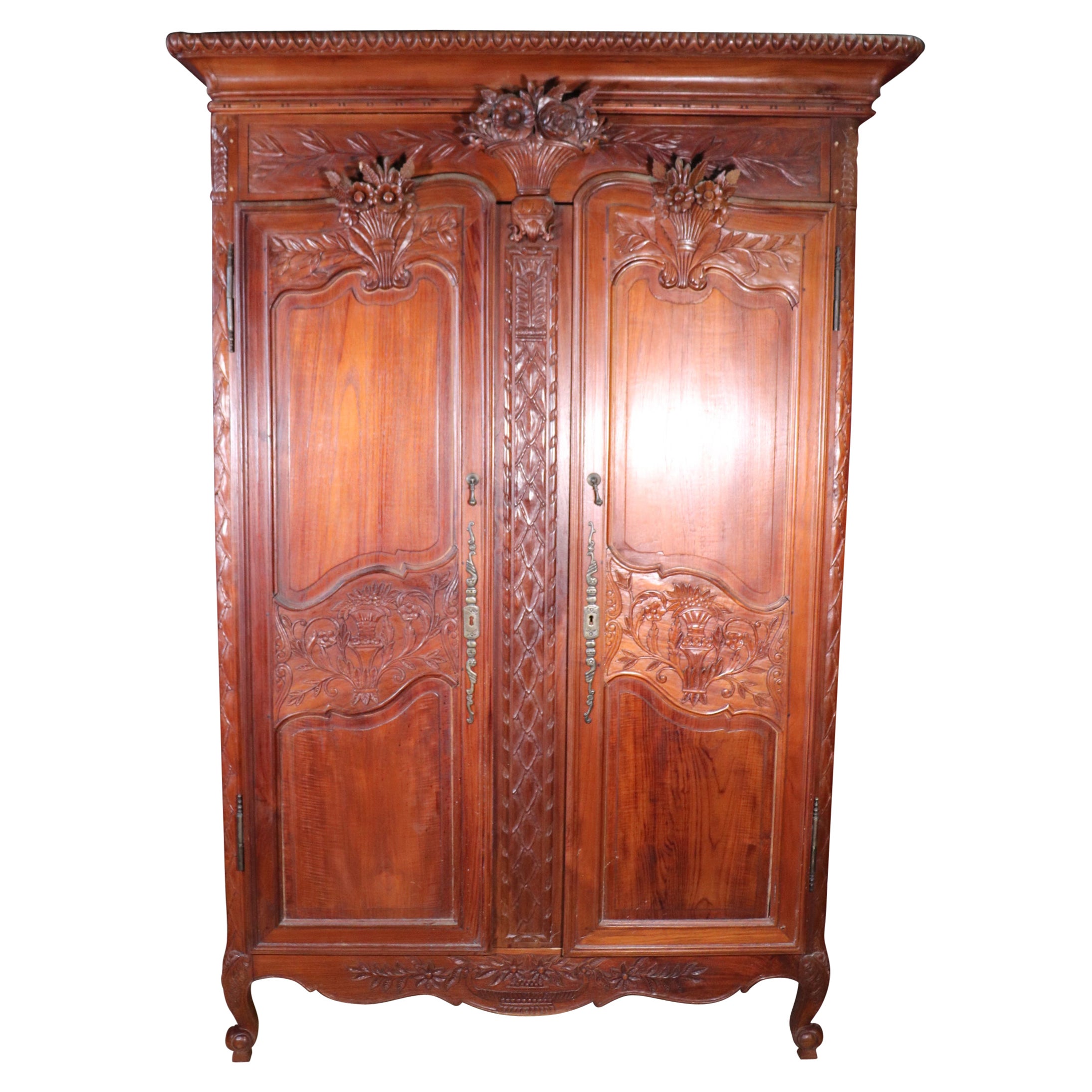 Carved French Country Louis XV Solid Teak Armoire Wardrobe