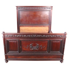 Antique Fine Carved Louis XV Style Solid Mahogany Over-Sized Queen Size Bed Circa 1900