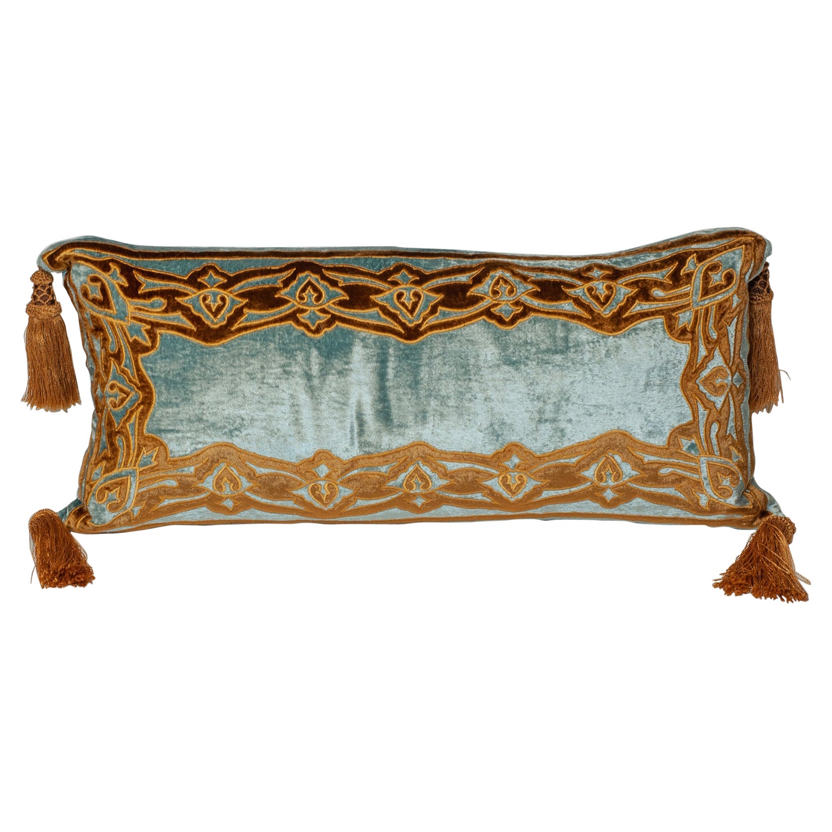 Blue Silk Velvet Pillow with Gold Embroidery and Tassels