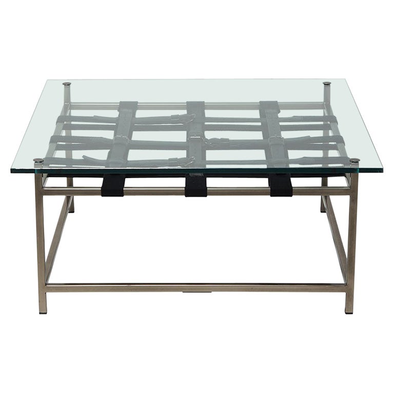 Glass-Topped Antique Nickel Coffee Table For Sale