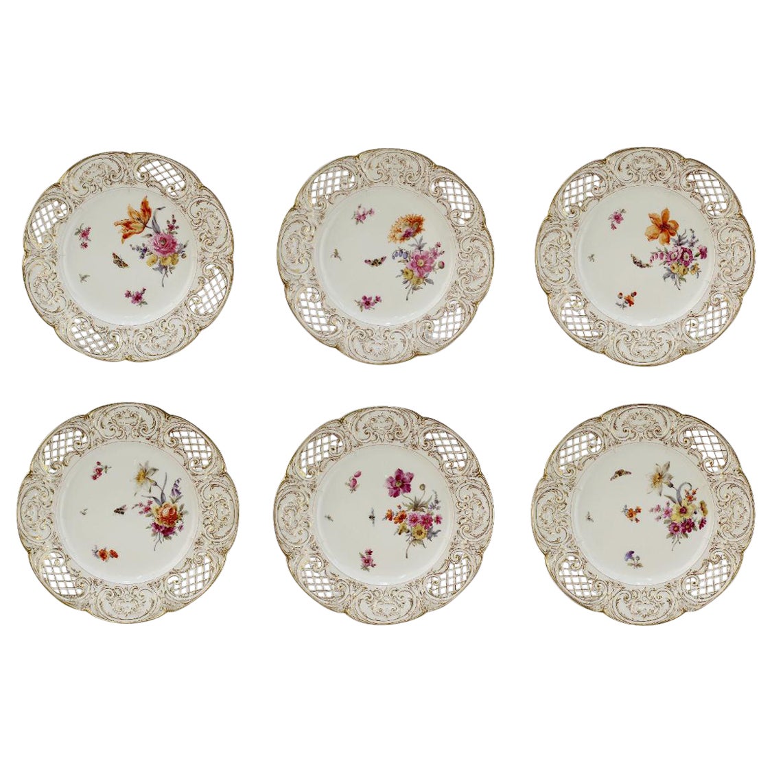 Set di 6 porcellane antiche KPM Porcelain  Piastre per armadietti reticolate Deutsche Blumen