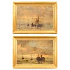 19th Century Pair of English Victorian Seascape Paintings in Gilt Frames