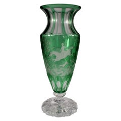 Vase Overlay Green Engraved Motif ‘‘ Fox hunting ‘‘ Bohemian Glass 'video'