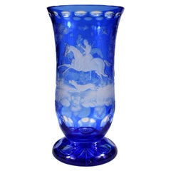 Vintage Vase Overlay blue Engraved motif ‘‘ fox hunting ‘‘ Bohemian Glass ¨video¨