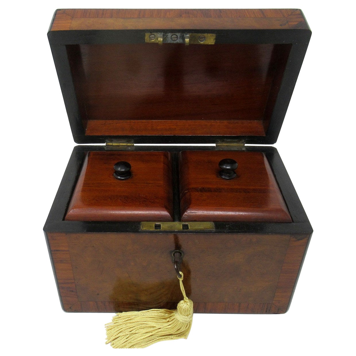 Antique Inlaid Georgian Burl Walnut English Double Tea Caddy Box 19th Century