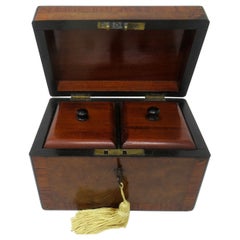 Antique Inlaid Georgian Burl Walnut English Double Tea Caddy Box 19th Century