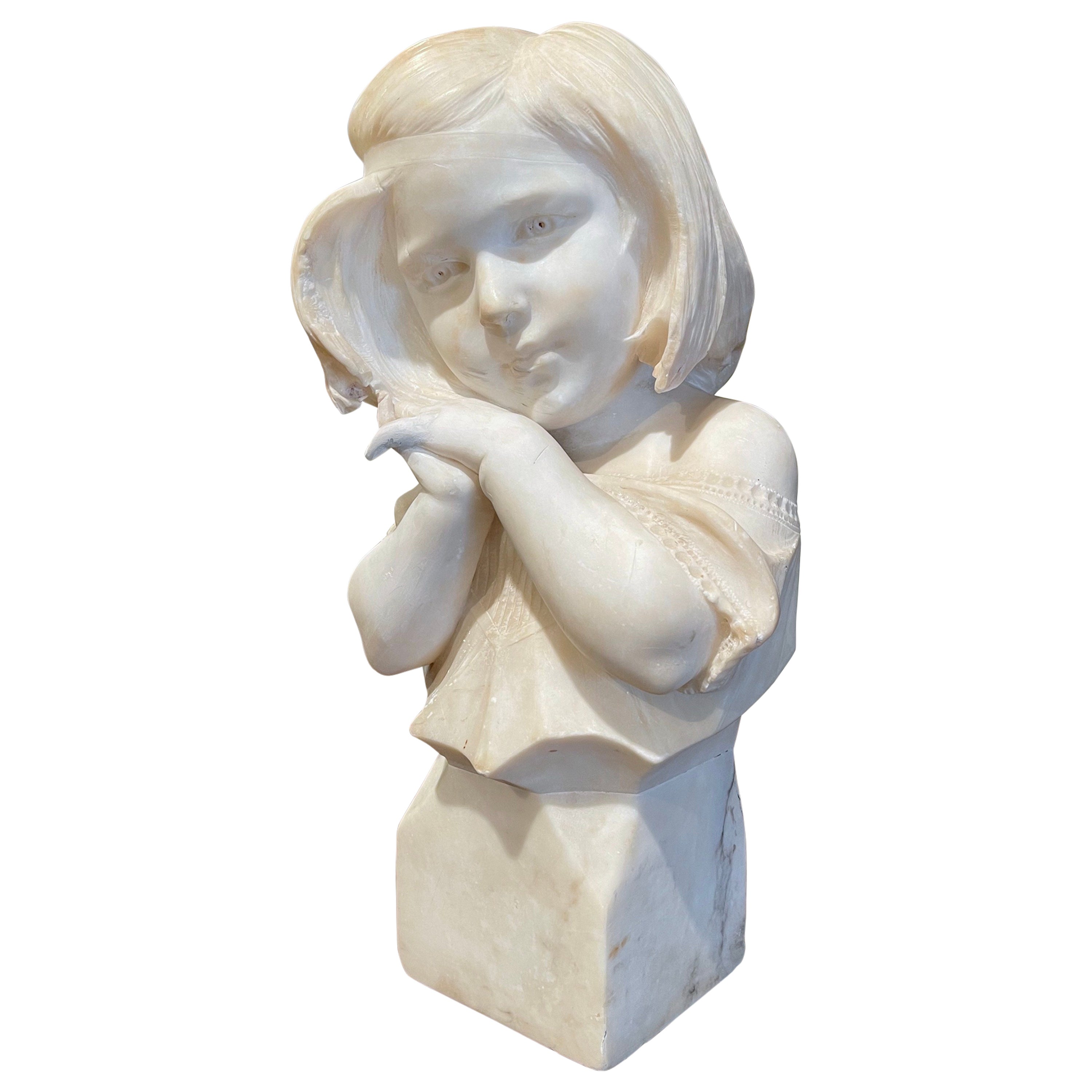 19th Century French Carved Two-Tone White Marble Bust of Young Beauty For Sale