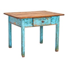 Antique Original Bleu Peint Petite Table de Ferme avec Tiroir