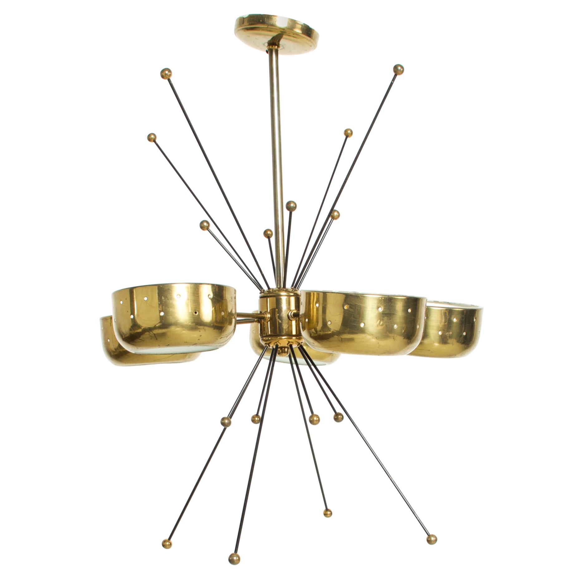 1960s Sputnik Chandelier Five Perforated Brass Shades Style Paavo Tynell, Italy