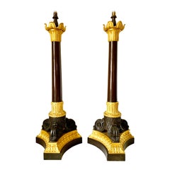 Pair Large Antique Charles X Period Gilt Patinated Bronze Column Lamps, 1830's