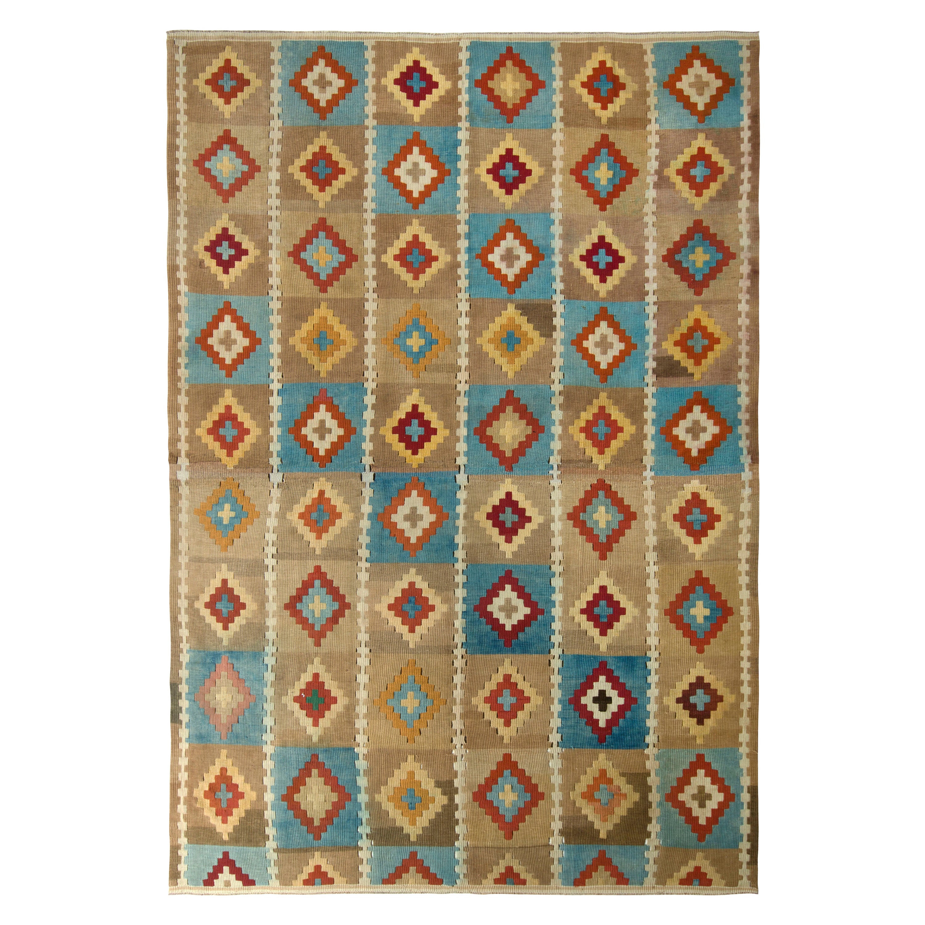 Midcentury Vintage Rug Beige and Blue All-Over Diamond Pattern by Rug & Kilim For Sale
