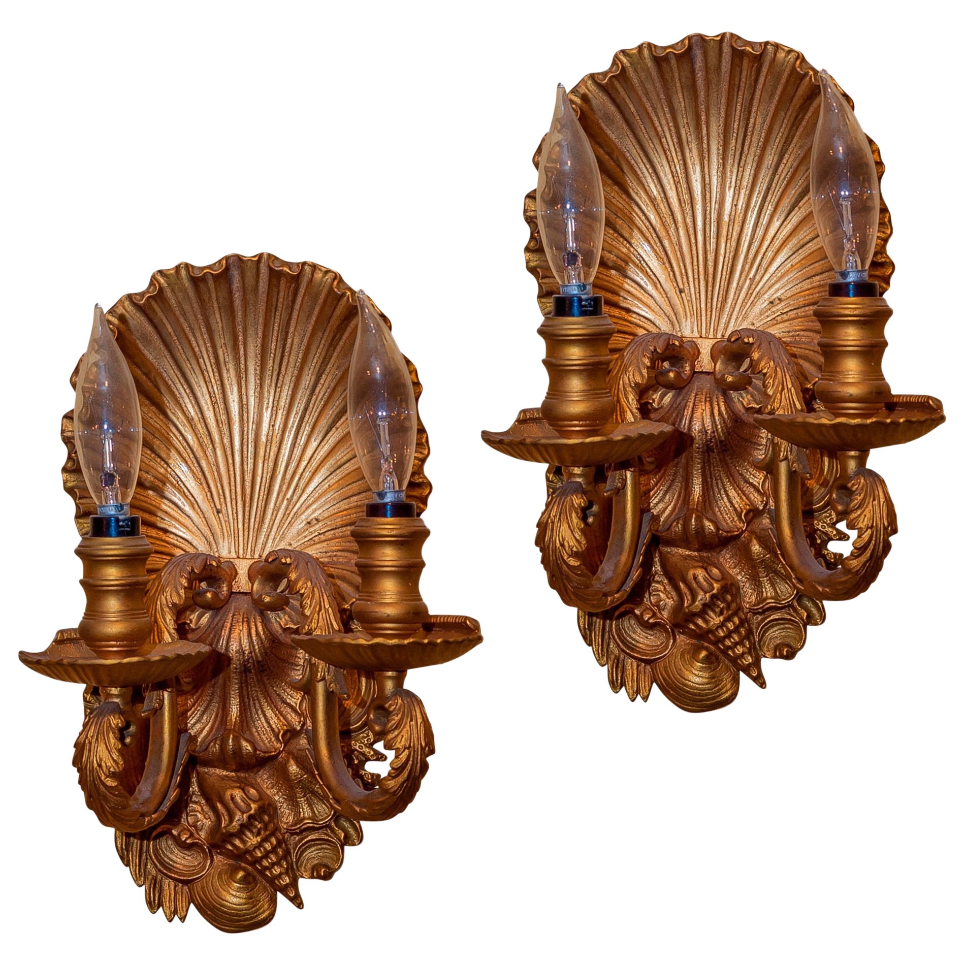 Pair of Gilt Bronze Two-Light Sconces with Scallop Shell Motif For Sale