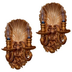 Pair of Gilt Bronze Two-Light Sconces with Scallop Shell Motif