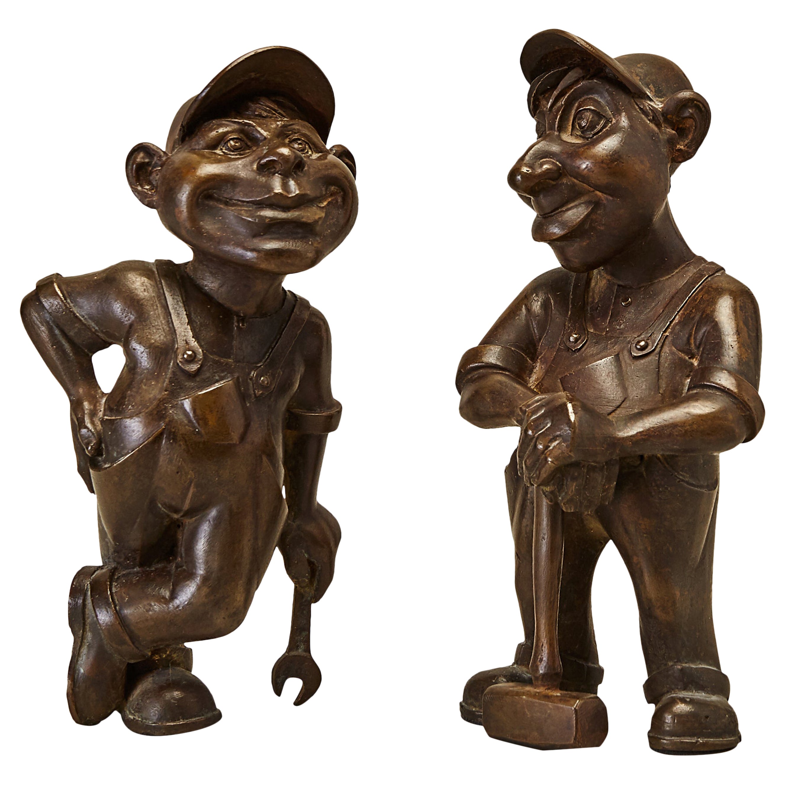 Daniel Oates "Hank & Frank Happy Workers" Bronze Figure Sculptures For Sale