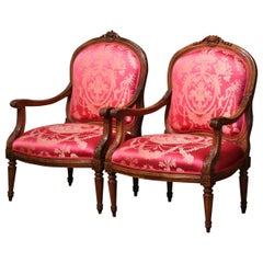 Pair of 19th Century French Louis XVI Carved Walnut Fauteuils with Silk Fabric 