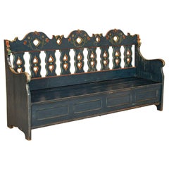 Original Blue Painted Antique Bench with Carved Hearts from Sweden