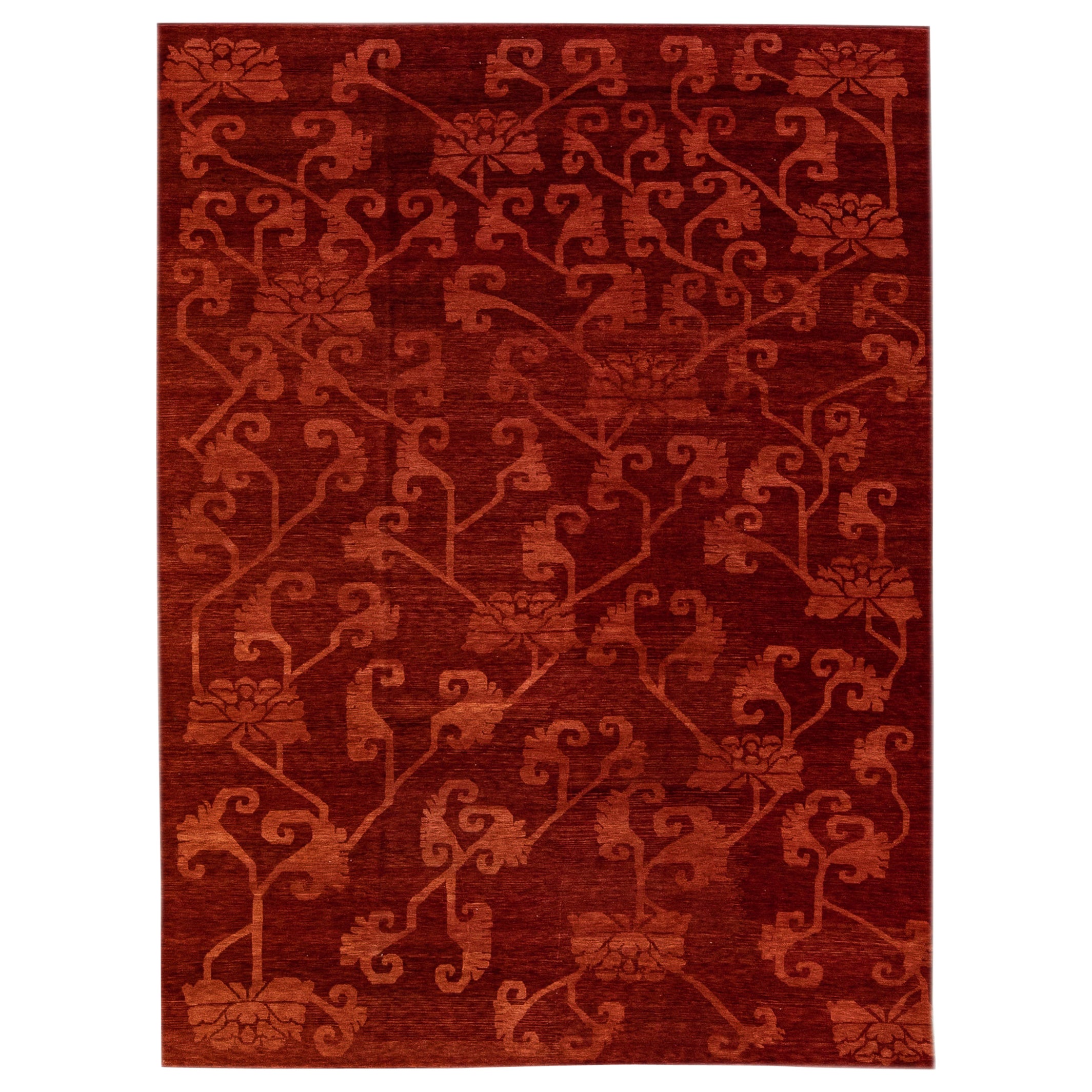 Moderner moderner tibetisch handgefertigter Teppich aus roter Wolle und Seide mit Blumenmuster