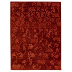 Alfombra moderna tibetana de lana y seda roja con motivos florales hecha a mano