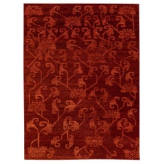 Modern Tibetan Handmade Floral Pattern Red Wool And Silk Rug