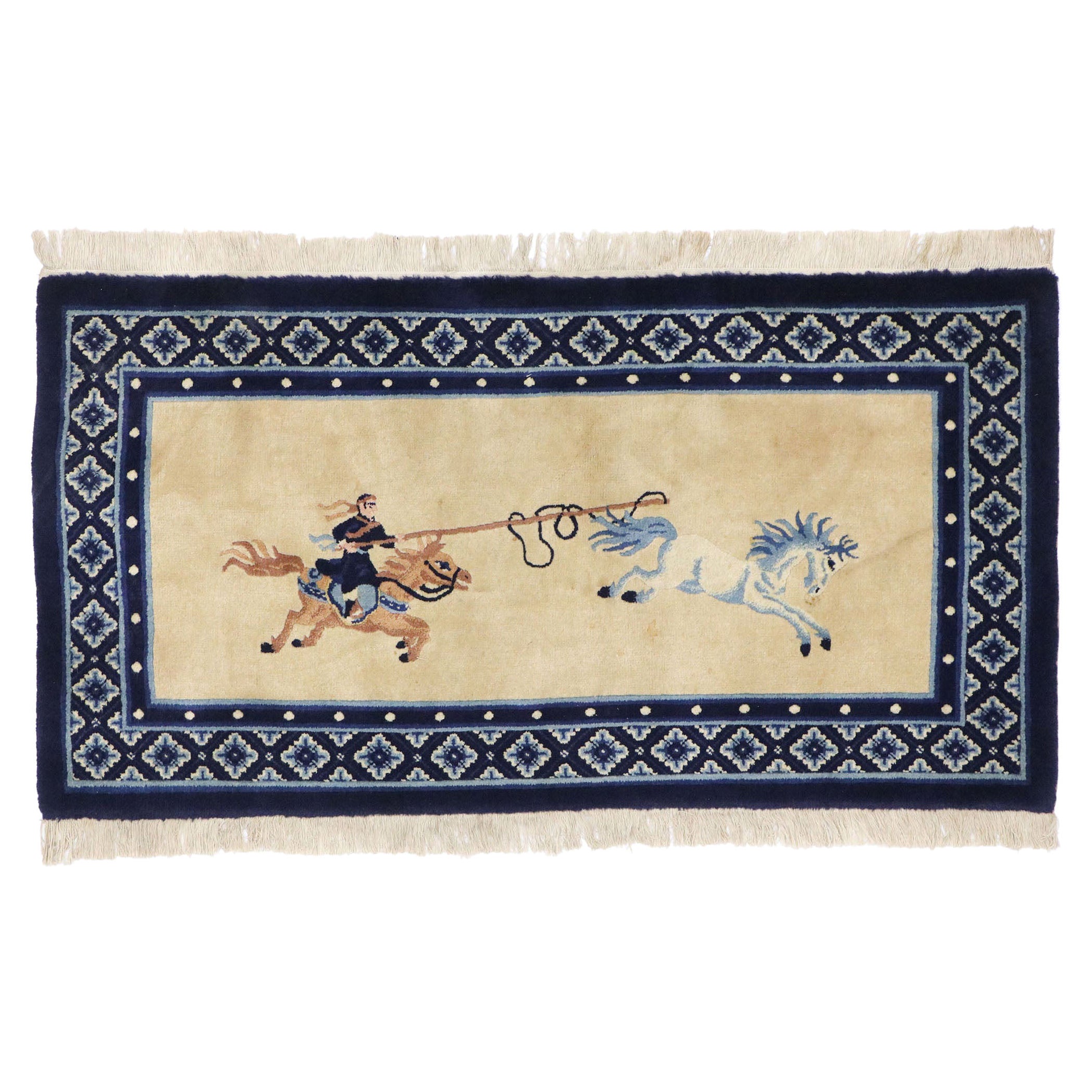 Ancien tapis pictural chinois Art Déco chinois avec Samurai et cheval sauvage