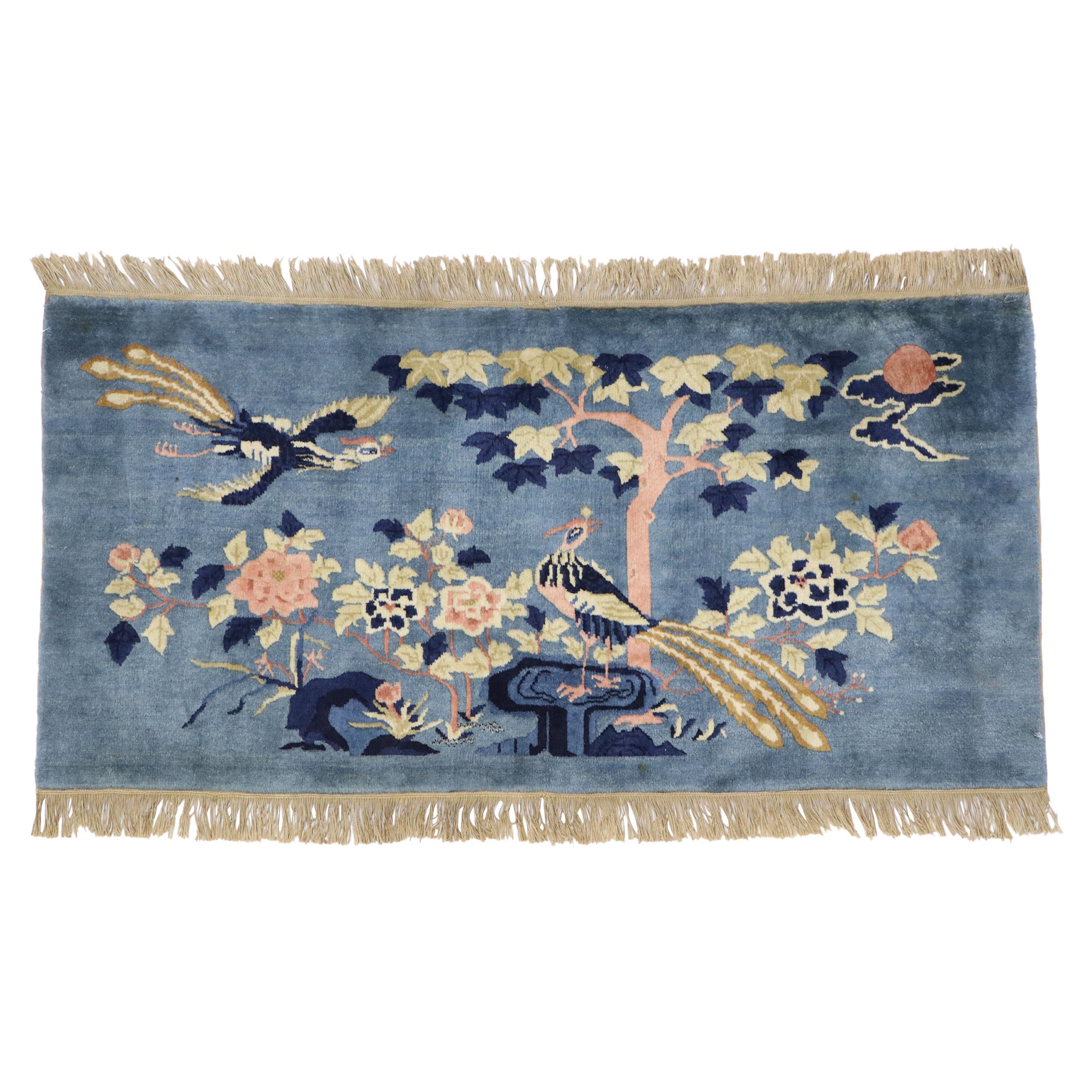 Antique Chinese Art Deco Pictorial Rug with Chinoiserie Chic Style For Sale