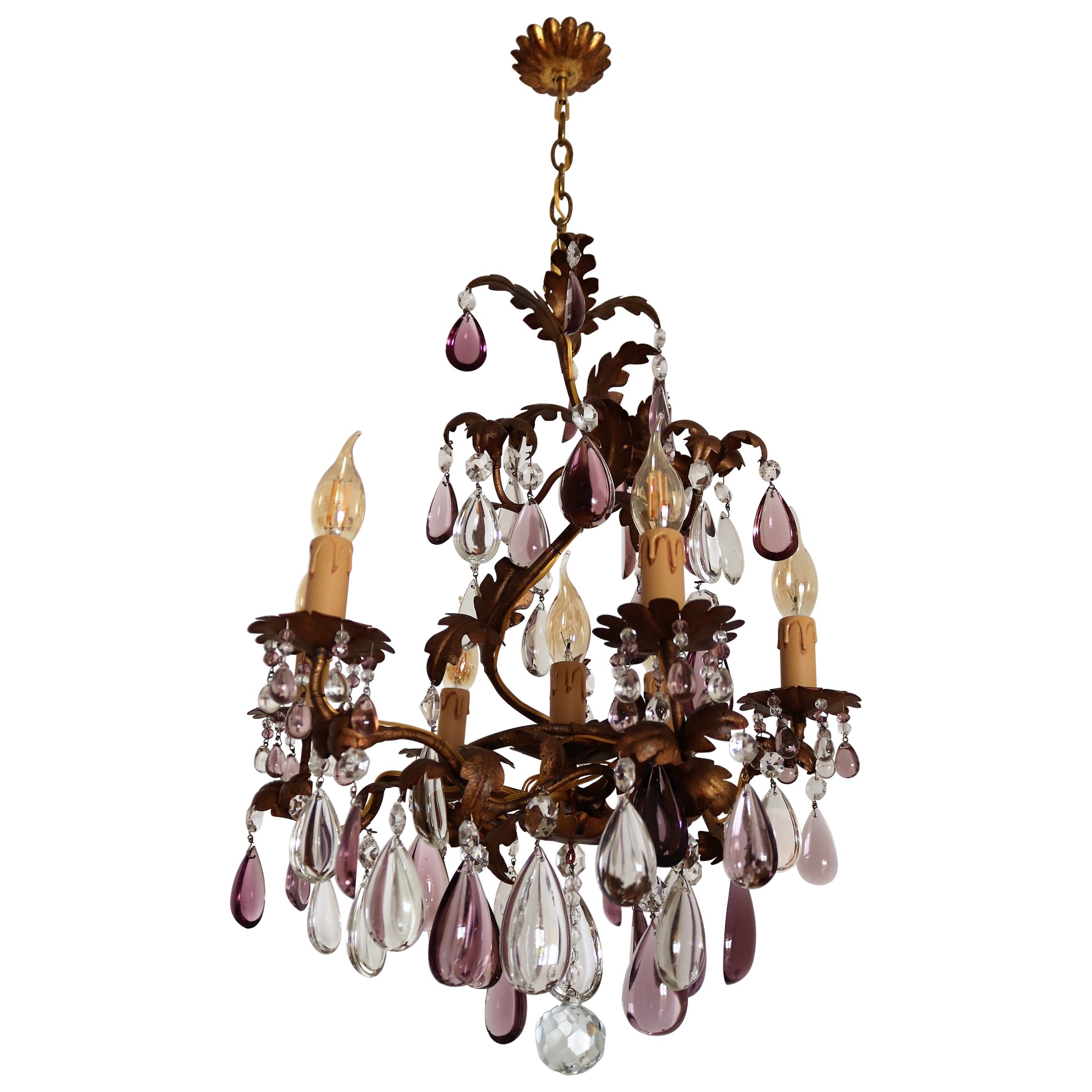 Italian Midcentury Chandelier with Antique Purple Murano Crystal Glass Drops