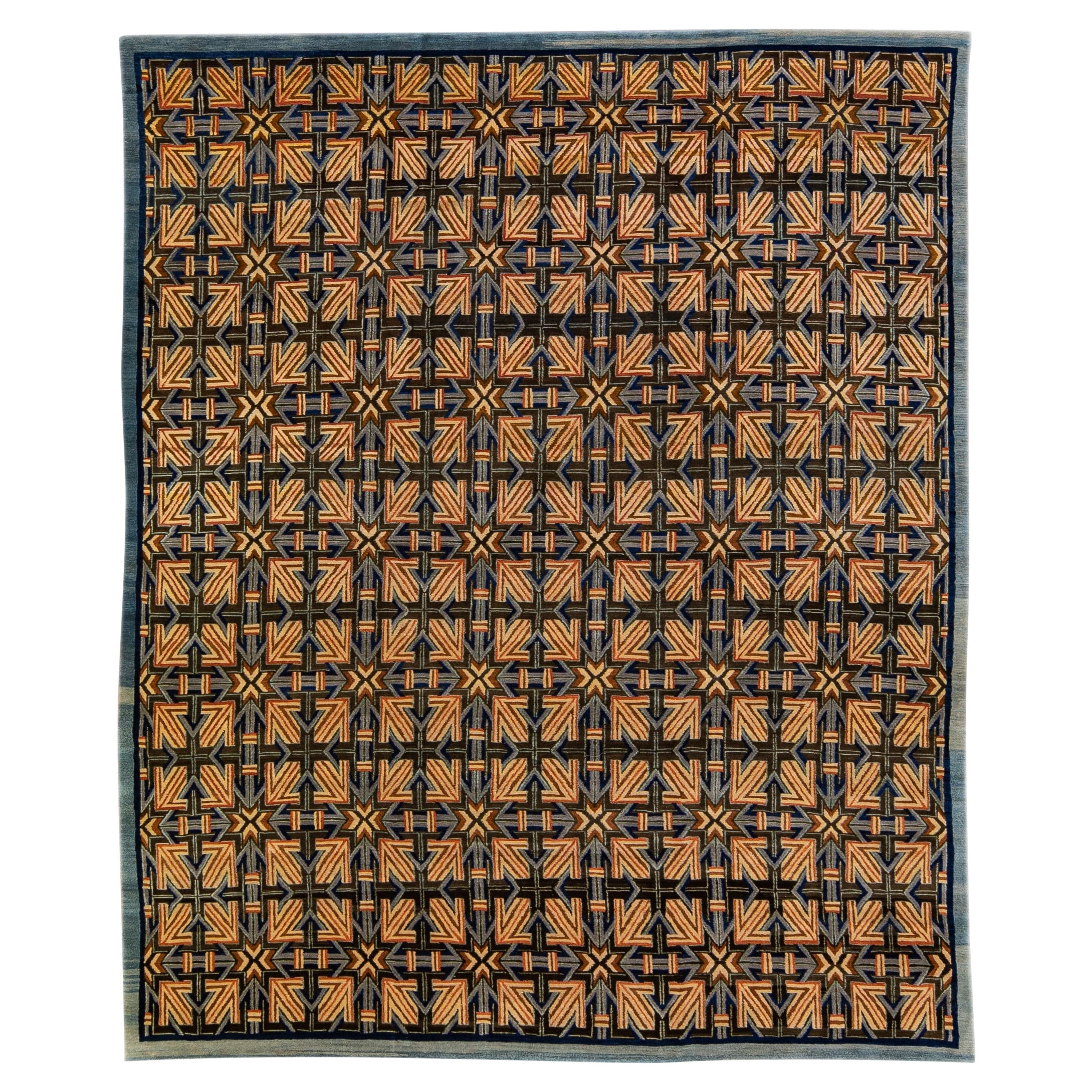 Moderner moderner handgefertigter Teppich aus Wolle und Seide im tibetischen Ningxia-Stil mit geometrischem Muster